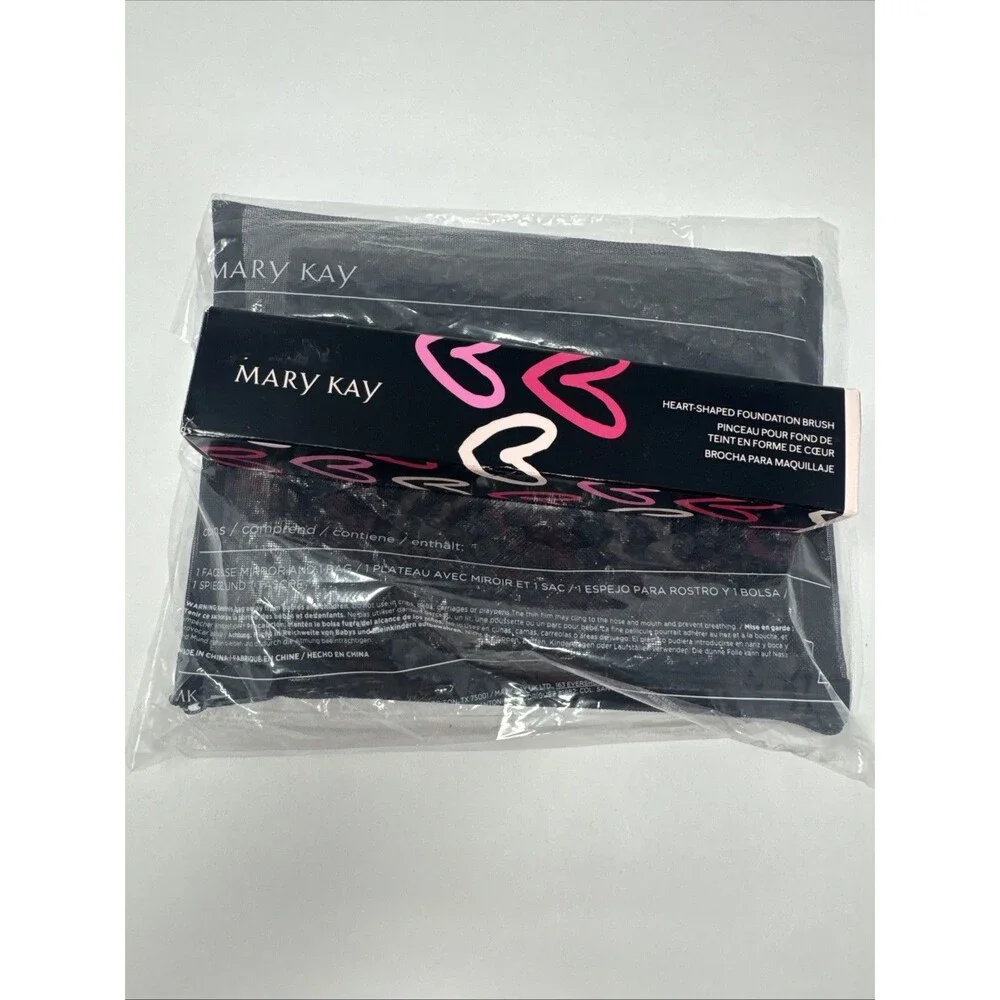 MARY KAY HEART-SHAPED FOUNDATION BRUSH 203687 + Mirror Case with Bag NEW